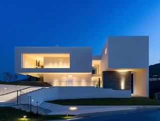 a modern white house with a blue sky in the background is lit up at night