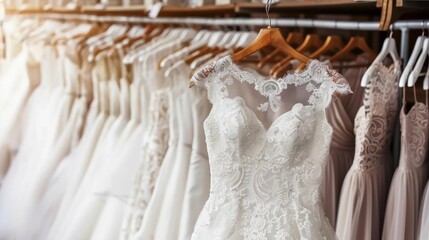 Elegant white bridal dresses on hangers in boutique shop, luxurious close up of wedding attire