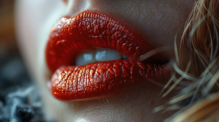 Beautiful Dark Red Women Lips With Red Lipstick
