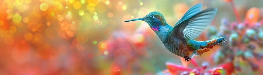 Phantasmal iridescent hummingbird, radiant neon glow, vividly darting through an ethereal garden
