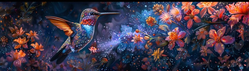 Vibrant neon hummingbird, shimmering with phantasmal iridescent hues, amidst mystical night flowers - obrazy, fototapety, plakaty
