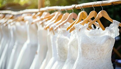 Elegant white bridal gowns hanging on hangers in upscale bridal boutique for wedding dress shopping