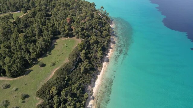 Aerial view of wild beach with crystal clear water and trees in Kallithea Halkidiki, Greece
