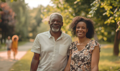 African american senior couple walking in the park, Generative AI
