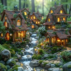 A small, intricately detailed model village set amidst a lush, meticulously maintained garden, complete with miniature trees and a flowing stream