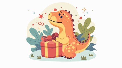 Obraz na płótnie Canvas Cute Dinosaur Bring Gift Box Vector Icon Illustration.