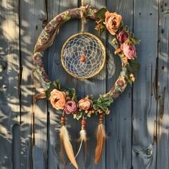 Bohemian dreamcatcher frame with floral webbing and feather details.