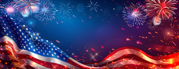 Happy Independence Day banner design featuring USA flag and fireworks background. Suitable for 4th of July celebrations and patriotic events.