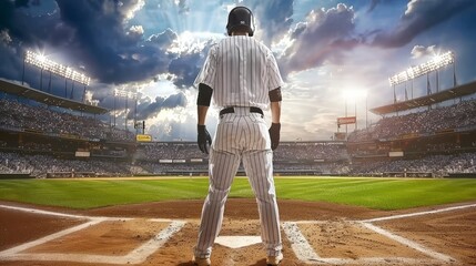 Baseball player standing ready in center of stadium, wide view for impactful banner advertising