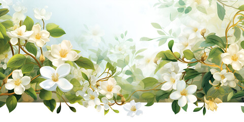 A Tapestry of Creeper Flowers adorned with Lush Green Foliage Against a Pure White Backdrop