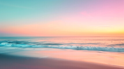 Obraz premium Pastel Sunset Over Tranquil Beach. Serene beach sunset with pastel colors, ideal for travel and relaxation themes.