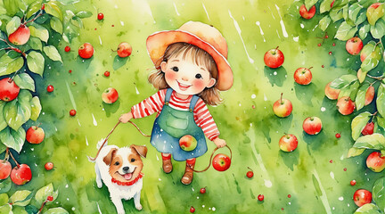 Cute little girl and the puppy in an Apple orchard on rainy day, watercolor painting style, generative AI.