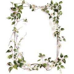 A rectangular Boho frame with climbing ivy and small white blooms on a clear background.