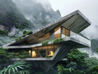 Modern house atop mountain surrounded by forest, trees, grass, under open sky