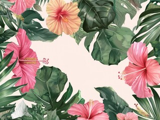 A playful boho floral frame of tropical leaves and bright hibiscus highlighting a summer beach party flyer