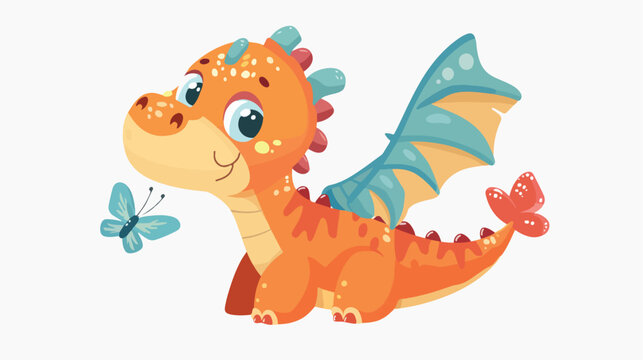 Cute fairytale dragon with butterfly on nose. Fairy ta