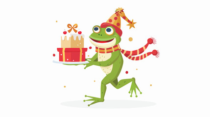 Obraz na płótnie Canvas Cute frog character walking and carrying festive cake