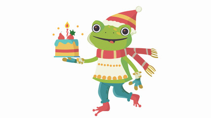 Obraz na płótnie Canvas Cute frog character walking and carrying festive cake