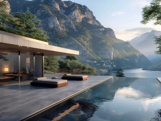 House by lake with pool, surrounded by mountains and natural landscape
