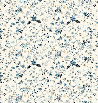tiny floral pattern on white background, small flowers scattered around the design, muted colors, small roses and leaves in shades of blue, cream, grey, small tiny birds flying through the scene