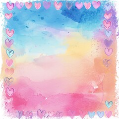 Fototapeta na wymiar A digital sticky note with pastel watercolor wash and a doodled border of tiny hearts.