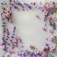 A delicate frame of lavender and small wild roses holding a soft