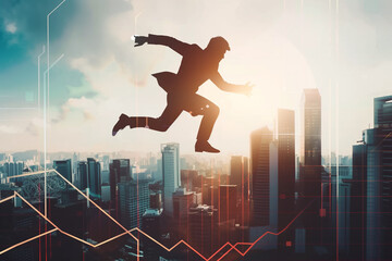 Man in suit jumping over city skyline with growth graphs.