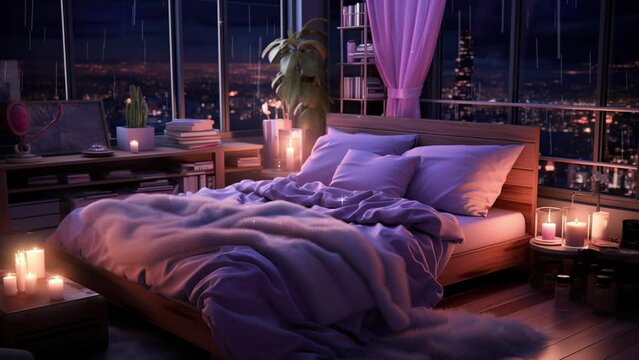 Warm and cozy lofi bedroom with rain. Relaxing retreat for rest. 