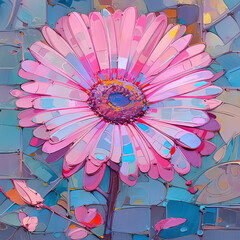 brightly colored flower with a butterfly in the center of a mosaic