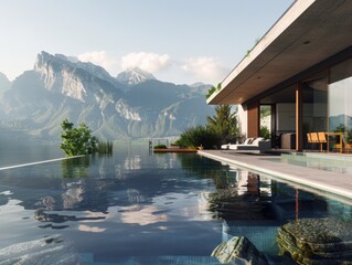 House by lake with pool, surrounded by mountains and natural landscape