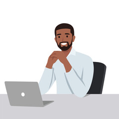 Young black man sitting at desk deep in thought working on laptop in office. Flat vector illustration isolated on white background