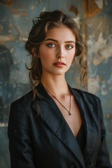 Fototapeta premium The sophistication of formal attire in a vertical portrait of a stylish young woman exuding confidence.