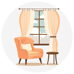 Home interior. Cozy room with armchair and tea table by the window. White round background. Used for articles, print, advertising, web design. 