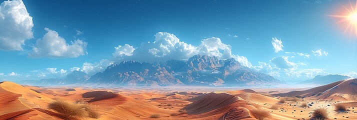 A vast desert landscape, with towering sand dunes under a blazing sun.