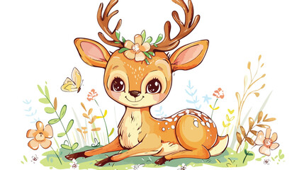 Obraz na płótnie Canvas Cute little deer reindeer character with flowers 