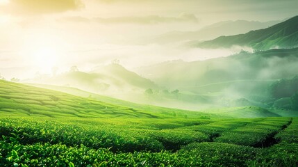 Naklejka na ściany i meble Sunrise casting a golden light over rolling hills of a verdant tea plantation.