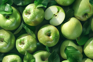 Top view of a bunch of green apples, apple background
