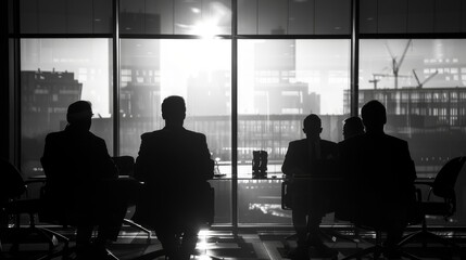 Silhouette of business professionals during a meeting in a modern office at sunset. - obrazy, fototapety, plakaty
