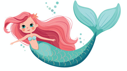 Cute little mermaid. Beautiful cartoon mermaid girl wi - obrazy, fototapety, plakaty