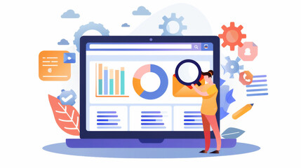 magnifying glass, illustration and laptop with data analytics for internet research, media and metrics or algorithm. SEO tool and business character for website or online keyword on white background
