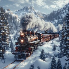 A vintage steam locomotive chugging through a snowy landscape, steam billowing from its chimney - obrazy, fototapety, plakaty