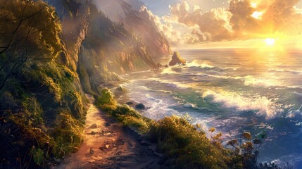 A pathway along the ocean cliff under the sunlight