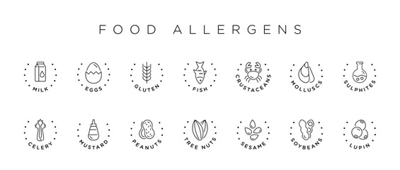 Food allergens vector icons set - obrazy, fototapety, plakaty