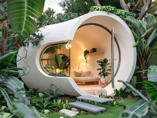 A small white house surrounded by lush greenery in a forest