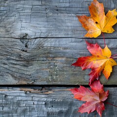 Three colorful autumn leaves rest on a wooden table