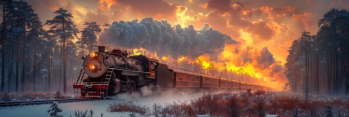A vintage steam locomotive chugging through a snowy landscape, steam billowing from its chimney