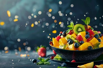 Closeup of fruit salad in bowl on table, made with natural ingredients