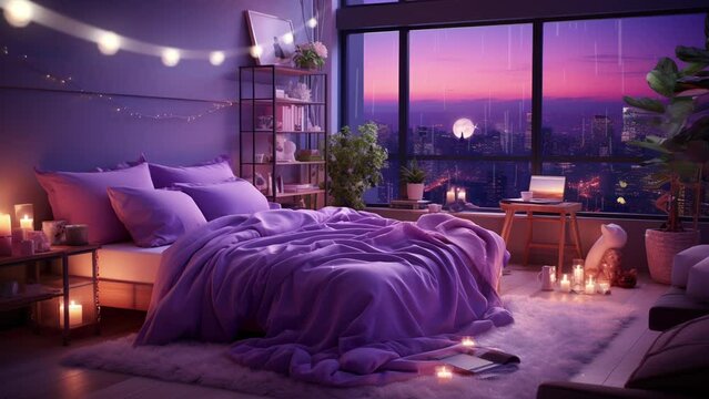Cozy lofi bedroom with rhythmic rain. Warm haven for relaxation.