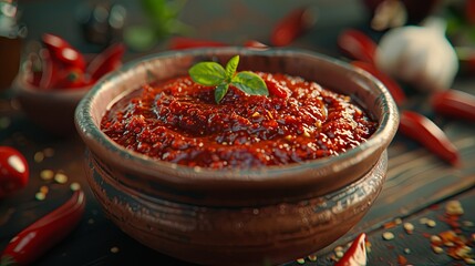 A bowl of sambal chili sauce with a mint leaf on top, placed on a wooden table - obrazy, fototapety, plakaty