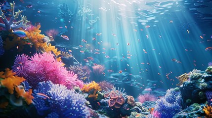 Fototapeta na wymiar Sunlight filters through the water, illuminating a coral reef landscape
